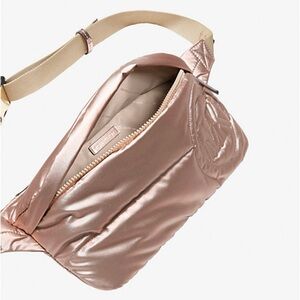 Michael Kors Rae Medium Quilted Puffy Rose Gold Metallic Cotton Blend Sling Pack